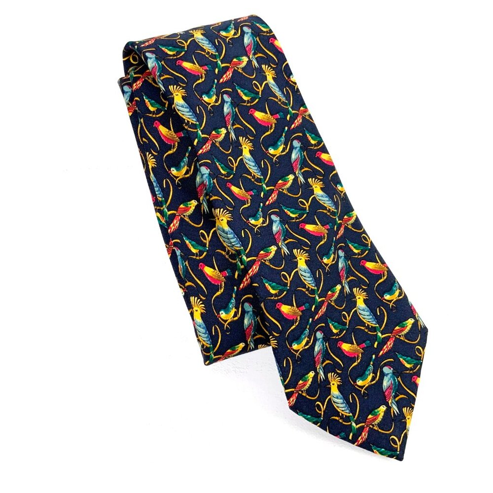 Balenciaga Paris Vintage 90s Silk  Necktie Navy Blue Multicolored Birds